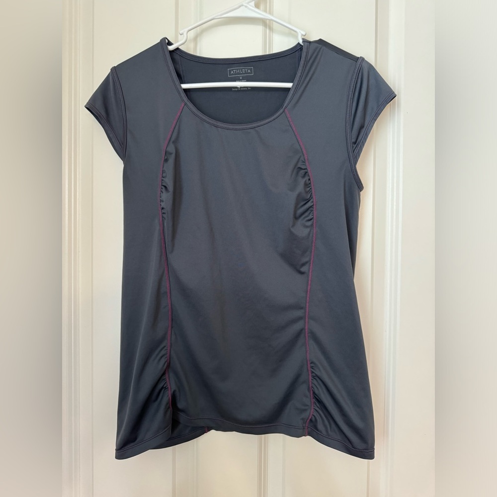 Athleta Grey with Pink Stitching Exercise Top with Back Pocket, Size Medium